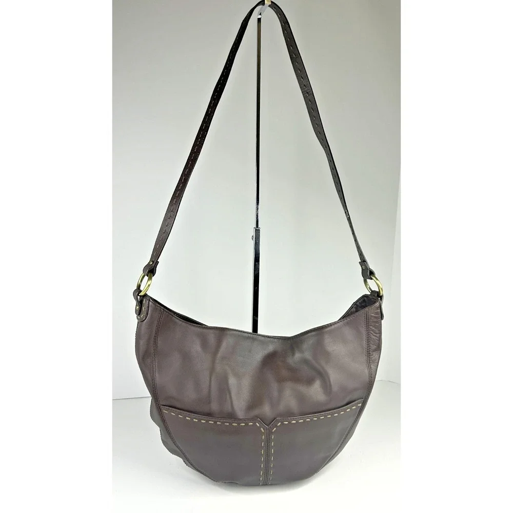Sigrid Olsen Brown Leather Large Hobo Bag Crecent Shoulder Purse Tassel VTG Y2k